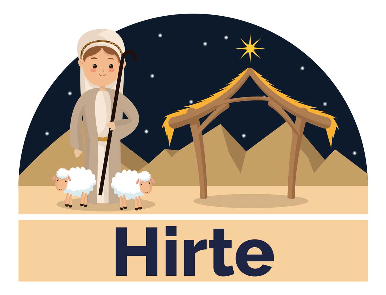 Comicstyle: Eine stilisierte Krippe und ein Hirte mit 2 Schafen