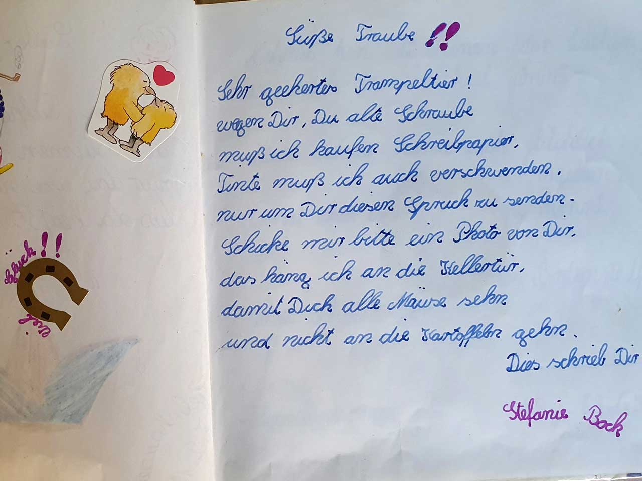 Auf der Seite steht: Sehr geehrtes Trampeltier! Wegen Dir, Du alte Schraube muß ich kaufen Schreibpapier. Tinte muß ich auch verschwenden, nur um Dir diesen Spruch zu senden. Schicke mir bitte ein Photo von Dir, das häng ich an die Kellertür, damit Dich alle Mäuse sehn und nicht mehr an die Kartoffeln gehn. Dies schrieb Dir Stefanie Bock.