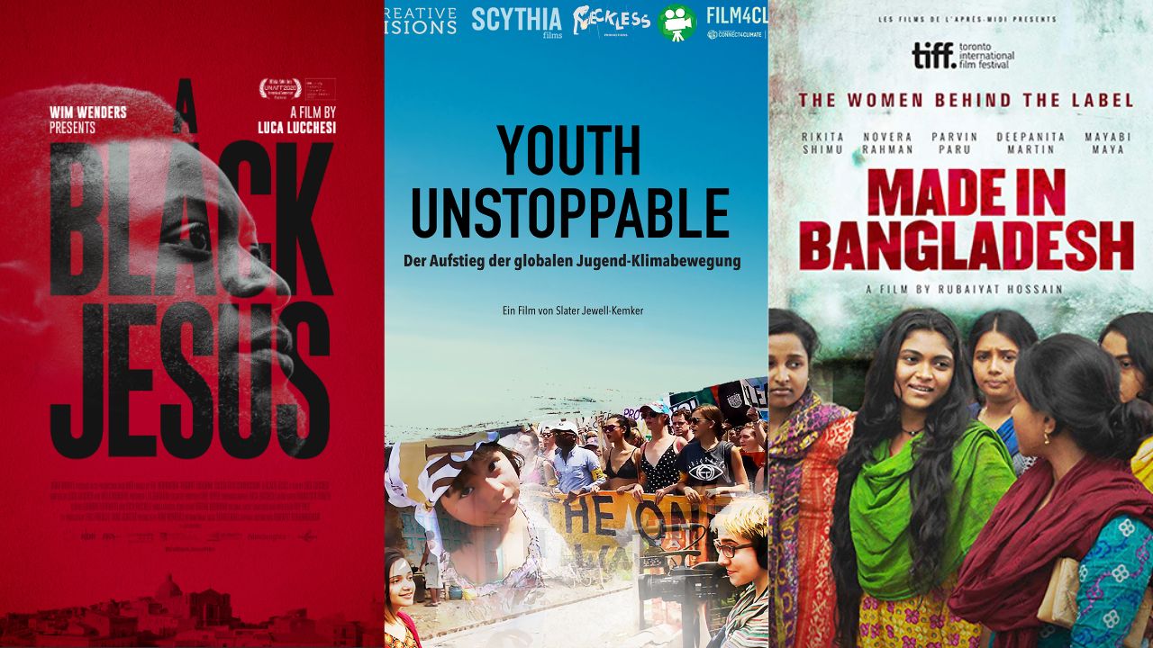 Filmplakate von "a black jesus", "youth unstoppable" und "made in Bangladesh"
