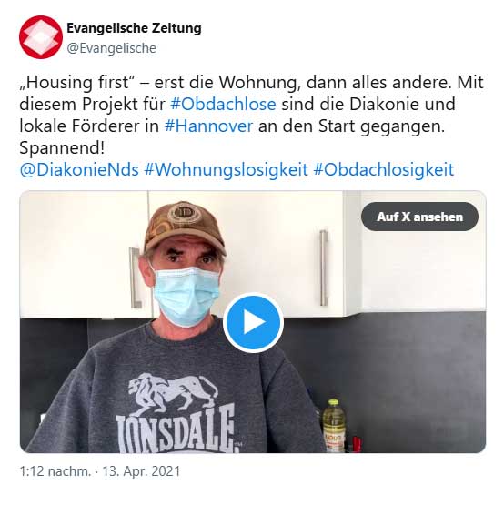 Tweet von Evangelische Zeitung @Evangelische: „Housing first“ – erst die Wohnung, dann alles andere. Mit diesem Projekt für #Obdachlose sind die Diakonie und lokale Förderer in #Hannover an den Start gegangen. Spannend! @DiakonieNds  #Wohnungslosigkeit #Obdachlosigkeit