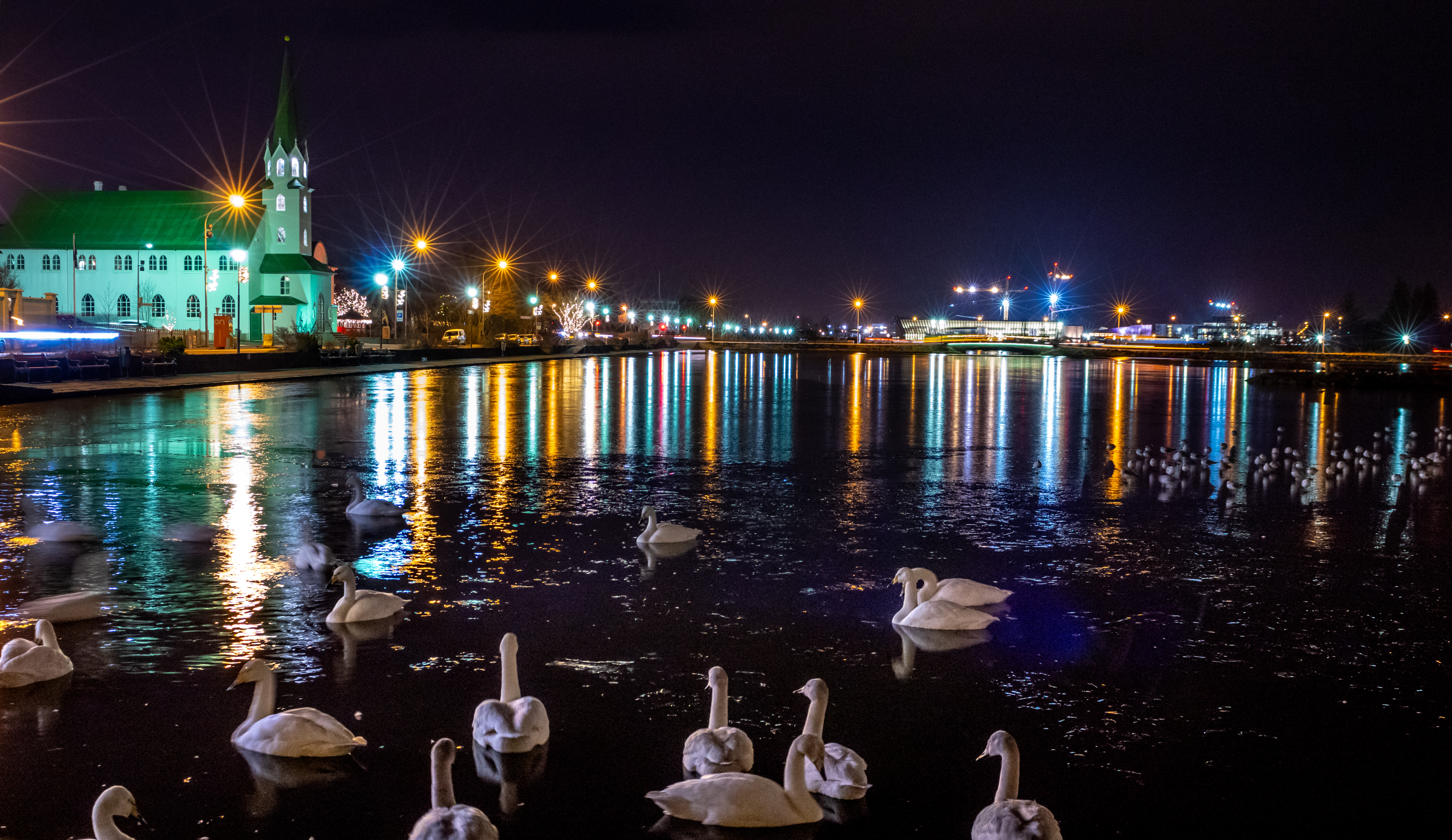 Nächtliche Stadtansicht mit beleuchteter Kirche am Ufer eines Gewässers. Zahlreiche Lichter spiegeln sich im Wasser, auf dem viele Schwäne schwimmen.