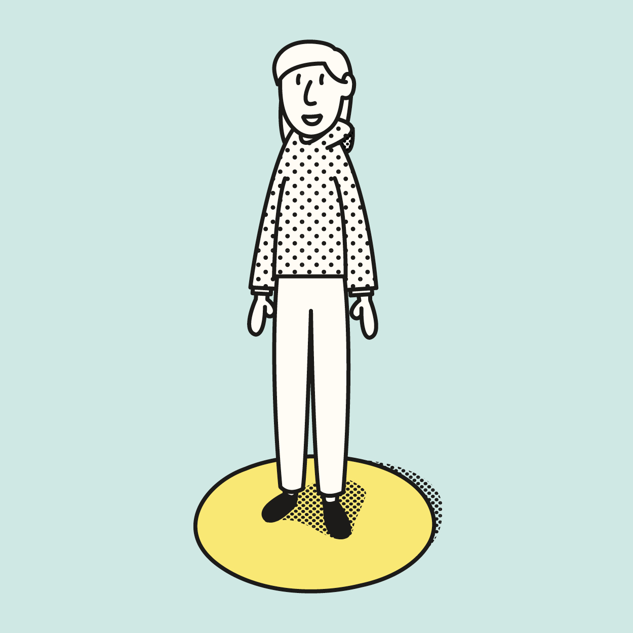 gezeichnete Figur, alleine, in gelbem Kreis stehend
