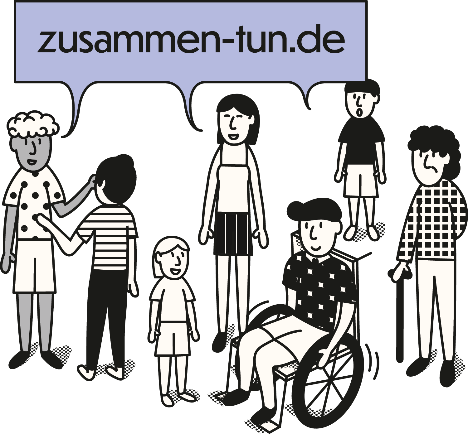 gezeichnete Personengruppe mit Sprechblase: zusammen-tun.de